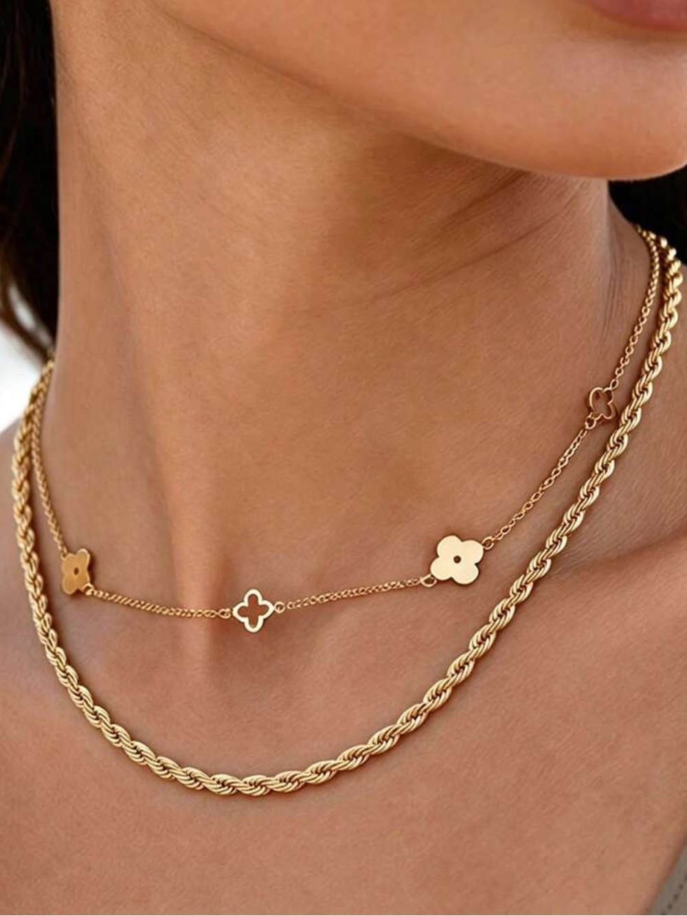Layered Gold Floral Charm Necklace Set
